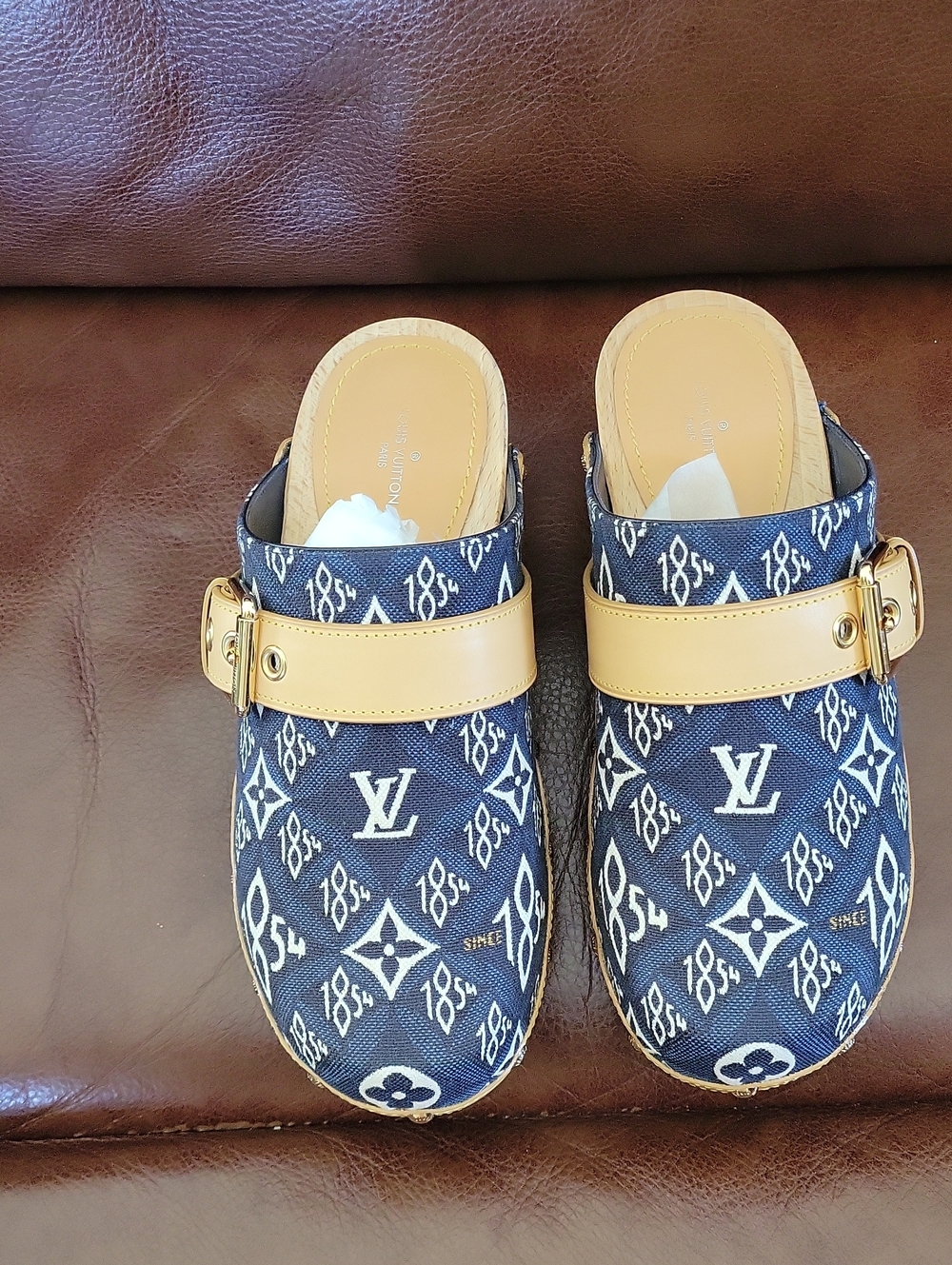 Louis Vuitton Navy Monogram Slip-On Clogs with Tan Strap and Gold Buckle